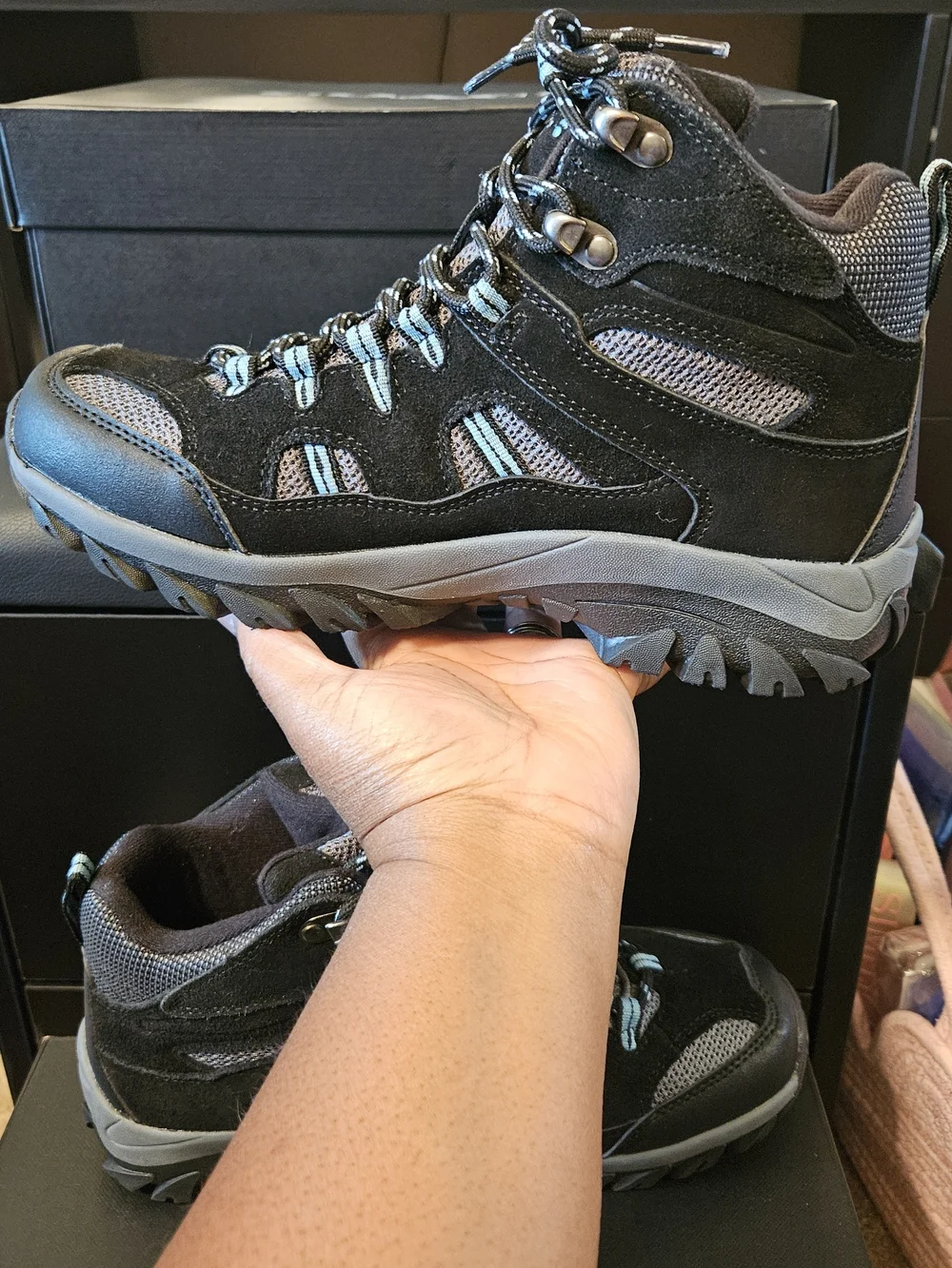 BearPaw Women's Black and Gray Hiking Mid Boot with Light Blue Accents